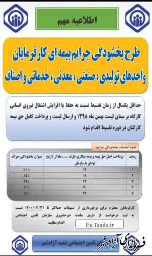 طرح بخشودگی جرایم بیمه ای کارفرمایان واحدهای تولیدی، صنعتی ، معدنی،خدماتی و اصناف